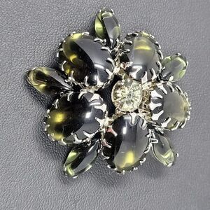 Vintage 60s Flower Brooch Pin Dark Green Lucite Cabochon and Rhinestone Prong Se